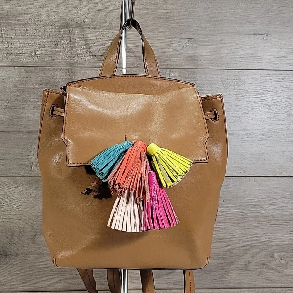 Rebecca Minkoff Tan Leather Backpack with Multicolor Tassels